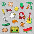 Fashion Badges, Patches, Stickers set with Hippie Elements, Skateboard, Peace Sign, Guitar and Palms