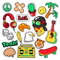 Fashion Badges, Patches, Stickers set with Hippie Elements, Skateboard, Peace Sign, Guitar in Pop Art Comic Style