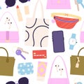 Fashion bags seamless pattern. Female cosmetics and accessories, keys and smartphone. Decorative girly elements, handbag