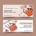 Fashion banner design with bags, cosmetics watercolor illustration