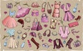 Fashion beautiful dresses and accessories, shoes for girls on a colored background