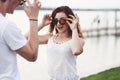 Fashion beautiful happy couple wearing fashionable glasses. Royalty Free Stock Photo