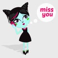 Fashion Beautiful Living Dead Zombie girl Vector illustration of Cartoon Female zombie miss you card