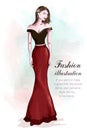 Fashion beautiful woman in romantic evening dress. Sketch. Girl in fashion clothes: red skirt and black crop top.