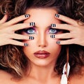 Fashion Beauty. Cute Face, Makeup and Striped Manicure Nails