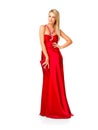 Fashion, beauty and elegant woman in red dress or evening gown for prom, bridesmaid or formal event against white studio Royalty Free Stock Photo