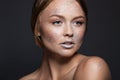 Fashion beauty glamor girl. Face in Glitter Powder. Close-up portrait of a woman Royalty Free Stock Photo