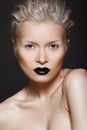 Fashion beauty. Hairstyle, make-up & black lips