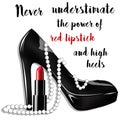 Fashion and beauty illustration - black stiletto shoe with pearls and lipstick Royalty Free Stock Photo