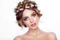 Fashion Beauty Model Girl with Flowers Hair. Bride. Perfect Creative Make up and Hair Style. Hairstyle. Royalty Free Stock Photo