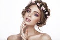 Fashion Beauty Model Girl with Flowers Hair. Bride. Perfect Creative Make up and Hair Style. Hairstyle. Royalty Free Stock Photo