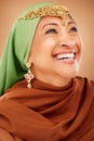 Fashion, beauty and muslim woman with culture jewelry and head scarf posing with a smile in a studio. Tradition, arabic Royalty Free Stock Photo