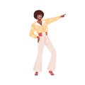 Fashion black man dancing at 80s retro discotheque. African dancer at 1980s disco party. Funky character in eighties