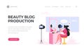 Fashion blog beauty landing page banner. Stylish female character gives online advice cosmetology and makeup. Royalty Free Stock Photo