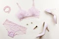 Fashion blogger workspace with woman elegant pink lace bra and panties, pumps and cosmetics. Stylish lingerie flat lay.