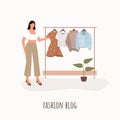 Fashion blogger. Young beautiful woman with a wardrobe closet. Vector