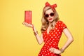 Fashion Blond Girl in Red Polka Dots Dress. Outfit Royalty Free Stock Photo