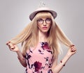 Fashion Blond Girl, Stylish glasses. Summer Outfit