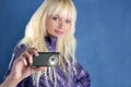 Fashion blonde girl photo camera mobile phone