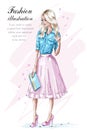 Fashion blonde girl in pink skirt, holding handbag. Hand drawn fashion woman. Sketch. Royalty Free Stock Photo