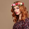 Fashion Boho Redhead woman in Summer Flower Wreath Royalty Free Stock Photo
