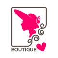 Beauty boutique woman head in hat vector isolated pink heart icon Royalty Free Stock Photo