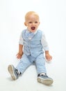 Fashion boy. Small child happy smiling. Boy child with fashion look. Small baby in fashionable wear. Adorable fashionist