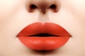 Fashion bright Makeup. Macro of Woman`s Face. Glamour lip Make-up with orange Lipstick. Plastic Surgery, Filler