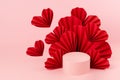 Fashion bright romance pink scene mockup with one cylinder podium, soar red origami paper hearts on pastel color, copy space.