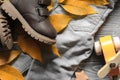 Fashion brown leather kids shoes, denim pants and accessories. a Royalty Free Stock Photo