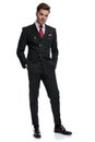 Fashion businessman wearing double breasted suit and elegant brogue shoes