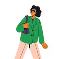Fashion businesswoman carrying shoulder bag. Business woman wearing bright jacket, office outfit. Young worker, employee