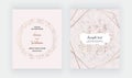 Fashion cards with marble texture, rose gold polygonal lines frames, gold confetti. Trendy templates for banner, flyer, poster, sa Royalty Free Stock Photo