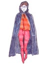 Fashion catwalk hand-drawn marker poster. Woman in a black trench coat, high heels, and tight pants sketch