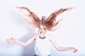 Fashion Caucasian woman throw flying long hair