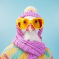 Fashion chicken in winter hat. Trendy bright colors