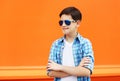 Fashion child boy wearing a sunglasses and shirt in city Royalty Free Stock Photo