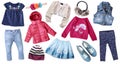 Fashion child`s clothes set isolated.Girl`s clothing collage. Royalty Free Stock Photo