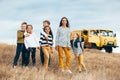 Fashion children in autumn field Royalty Free Stock Photo