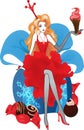 Fashion Christmas illustration. Women silhouettes in red dress