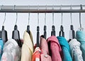 Fashion clothes on clothing rack ,colorful closet
