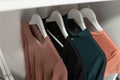 Fashion clothes hang on a hanger. Collection of female clothes hanging Royalty Free Stock Photo