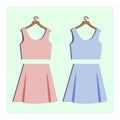 Fashion clothes on the hanger. pink and blue t-shirt and skirt for girls. Summer cartoon flat outfit vector illustration Royalty Free Stock Photo