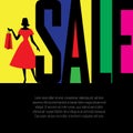 Fashion and clothes sale vector banner, poster template. Woman in red dress and typography on colorful background. Black