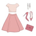 Fashion clothes summer set: crop top, skirt, rose heels and purse. Pastel glamour casual look apparel. Modern fashion style outfit Royalty Free Stock Photo