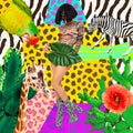 Fashion collage art. Brunette Lady holding palm leaf in fashion tiger print bodysuit and zebra boots. Tropical jungle wild