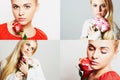Fashion collage. Group of beautiful young women. Sensual girls with flowers.beautiful blond woman with rose.girls and roses