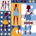 Fashion collage, vector illustration. Set of colorful stickers with beautiful models wearing stylish clothes. Wall