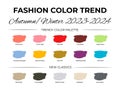 Fashion Color Trend Autumn - Winter 2023 - 2024. Trendy colors palette guide. Fabric swatches with color names. Easy to