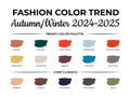 Fashion Color Trend Autumn - Winter 2024 - 2025. Trendy colors palette guide. Fabric swatches with color names. Vector